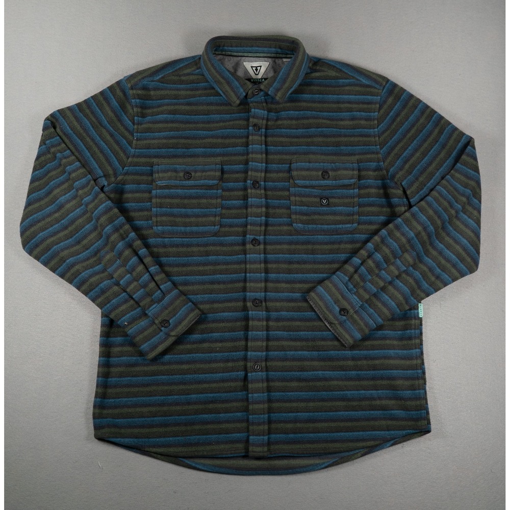 Vissla Mens Shirt Large Striped Recycled Fleece Button Down Blue Green